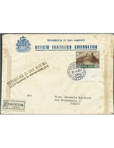 San Marino - 28/4/51 - FDC raccomandata da "Ufficio Filatelico Governativo" di S. Marino per Torino, con Veduta 500 £. Al verso 