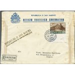 San Marino - 28/4/51 - FDC raccomandata da "Ufficio Filatelico Governativo" di S. Marino per Torino, con Veduta 500 £. Al verso 