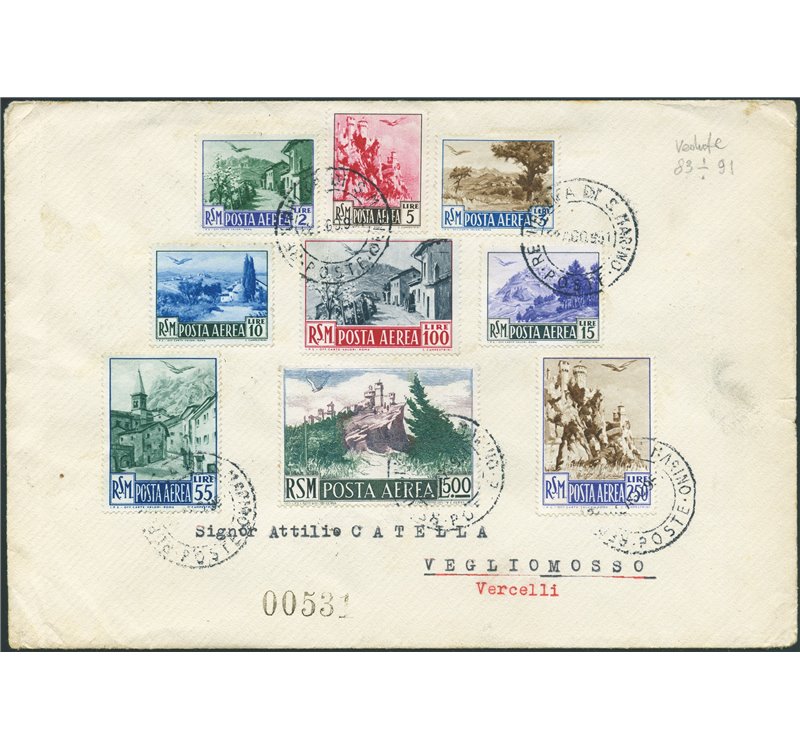 San Marino - 22/8/1951 - Raccomandata da S. Marino a Vegliamosso (Biella) affrancata con serie Vedute P.A. Cat. € 375