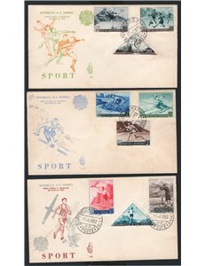 San Marino - 20/4/1953 - Tre FDC "Venetia" affrancate con serie "Propaganda sportiva” n° 391/98 + P.A. 111