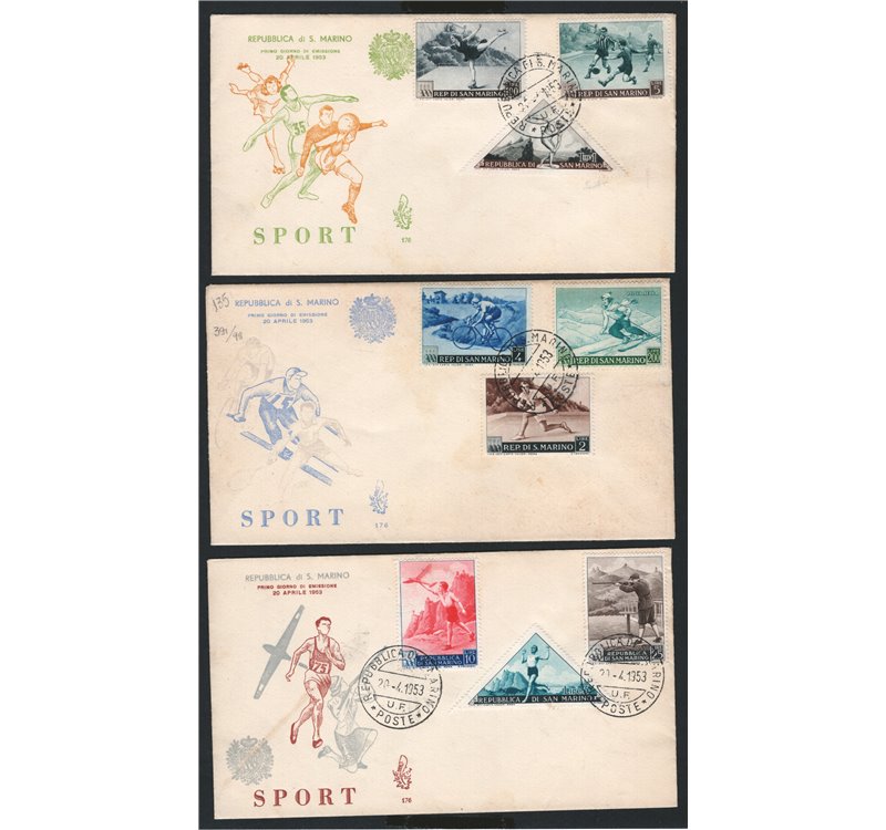 San Marino - 20/4/1953 - Tre FDC "Venetia" affrancate con serie "Propaganda sportiva” n° 391/98 + P.A. 111