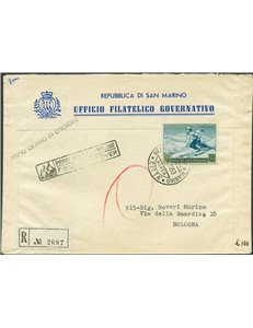 San Marino - 20/4/1953 - Raccomandata da S. Marino per Bologna affrancata con P.A. Sciatrice  200 £ n° 111 ed annullata il primo