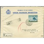 San Marino - 20/4/1953 - Raccomandata da S. Marino per Bologna affrancata con P.A. Sciatrice  200 £ n° 111 ed annullata il primo