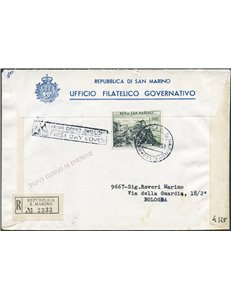 San Marino - 27/2/1958 - Raccomandata da S. Marino per Bologna affrancata con Panorama 500 £ n° 475 ed annullato il 1° giorno d'