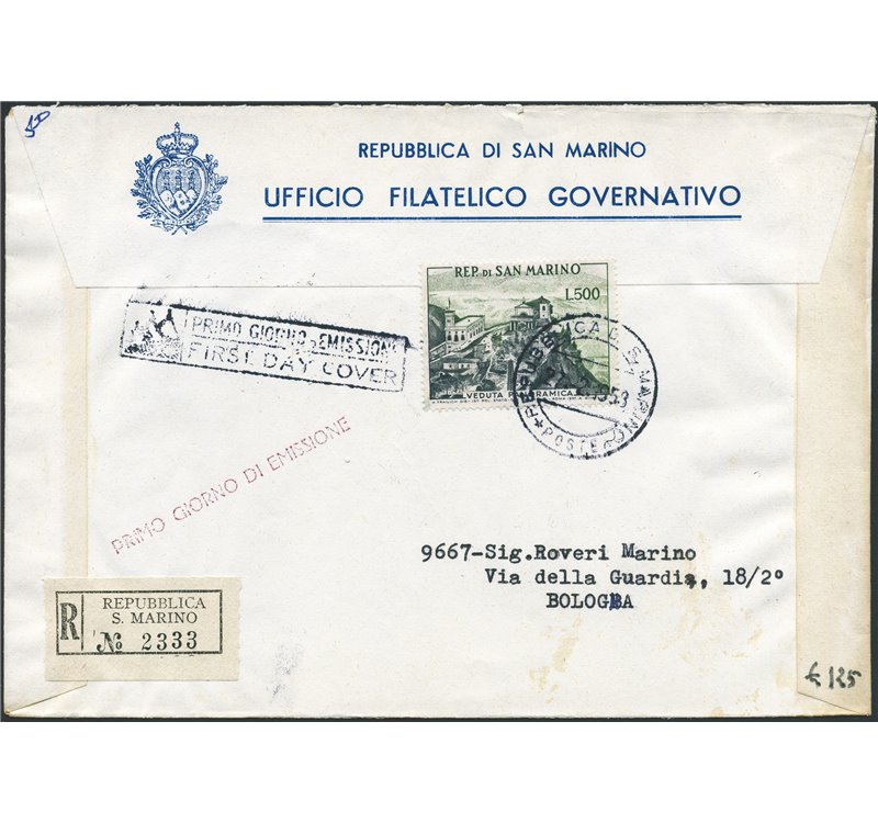 San Marino - 27/2/1958 - Raccomandata da S. Marino per Bologna affrancata con Panorama 500 £ n° 475 ed annullato il 1° giorno d'