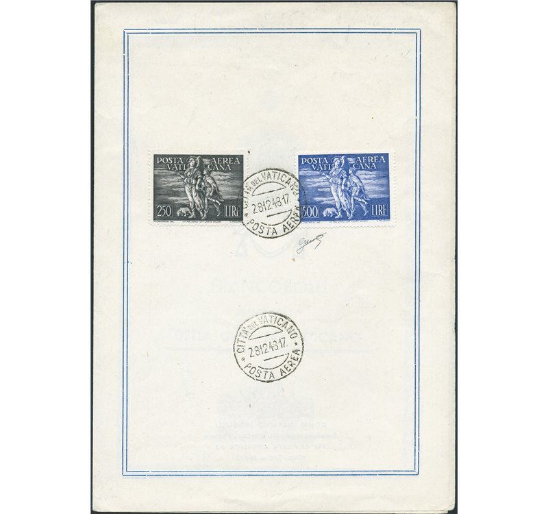Vaticano - 28/12/1948 - Folder Lucarelli con serie "Arcangelo e Tobiolo” P.A. n° 16/17 annullata il 1° giorno d'emissione. Cert.