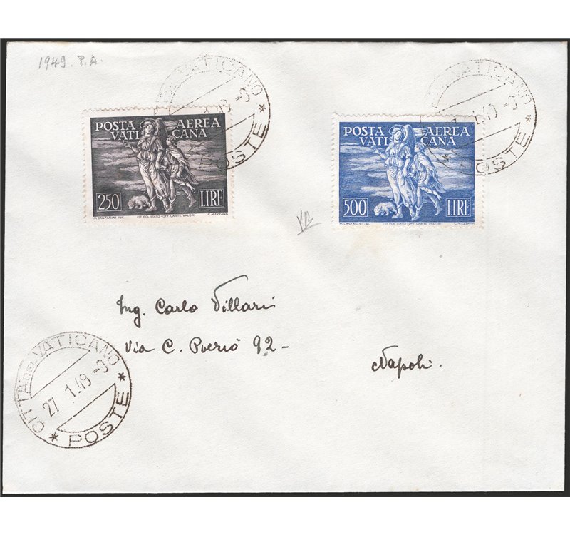 Vaticano - 27/1/1949 - Lettera filatelica dal Vaticano per Napoli affrancata con serie “Tobia” n°16/17. Al verso timbro d'arrivo