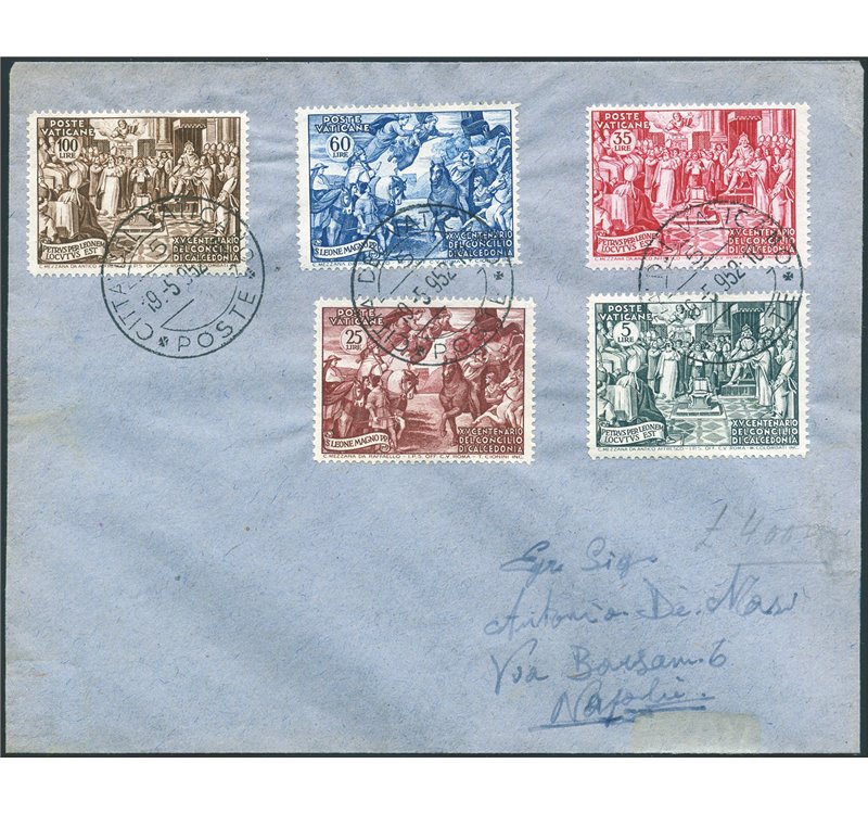 Vaticano - 19/5/52 - Concilio di Calcedonia la serie n° 149/53 viaggiata su lettera dal Vaticano per Napoli. Al verso timbro d'a