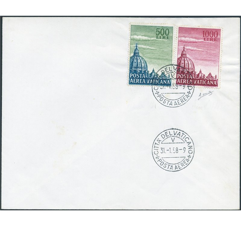 Vaticano - 31/1/1958 - Cupoloni dent. 14 a pettine la serie P.A. n° 33I/34I su FDC. Cert.: ED - Biondi. Cat. € 5.500