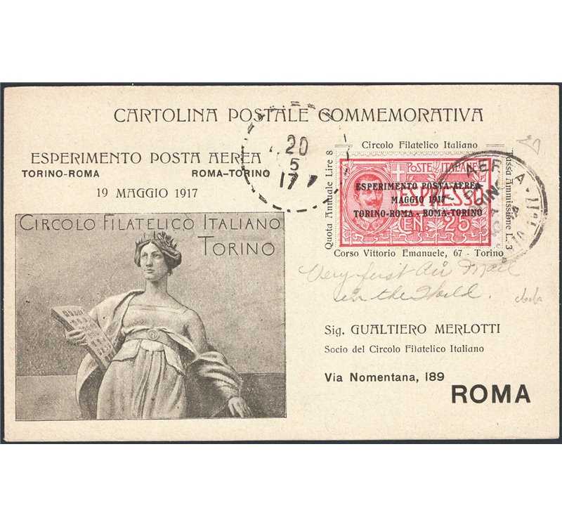 Voli - Italia Regno - 1917 - Espresso del 1903 con sovrastampa “Esperimento-posta aerea Maggio 1917 Torino - Roma - Roma - Torin
