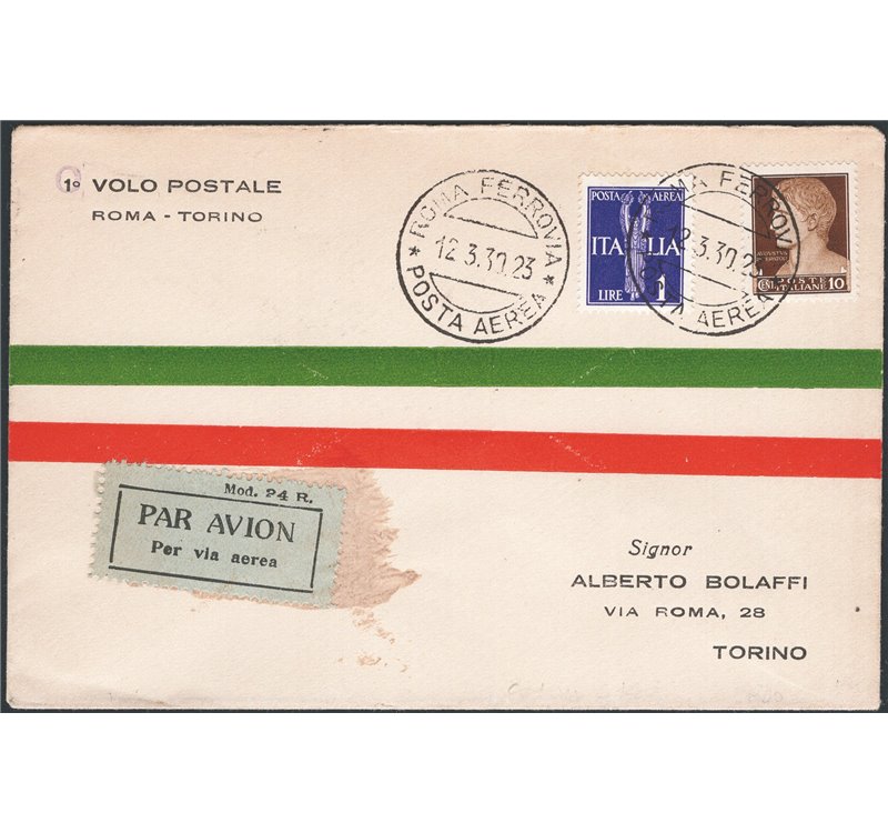 Voli - Italia Regno - 12/3/1930 - 1° Volo Roma - Torino, n° 187. Cat. € 175