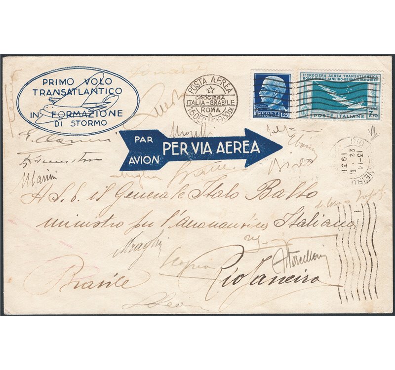 Voli - Italia Regno - 15/12/1930 - Aerogramma della Crociera Transatlantica da Roma per Rio de Janeiro affrancato con omologo fr