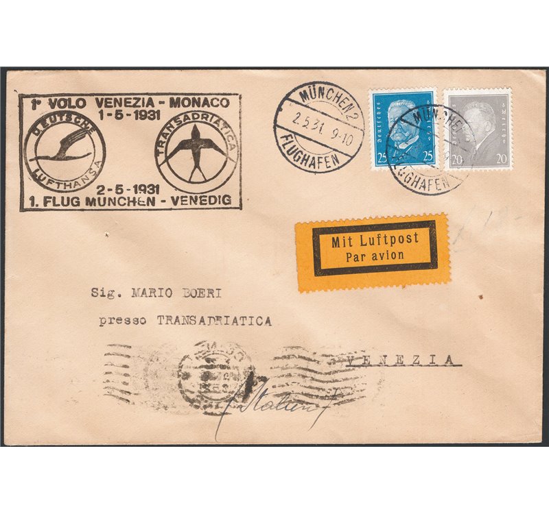 Voli - Italia Regno - 2/5/1931 - 1° Volo Monaco - Venezia effettuato da Lufthansa e Transadriatica, n° 239. Cat. € 225