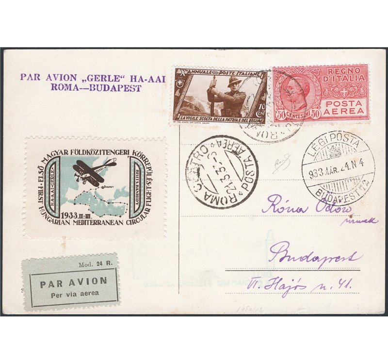 Voli - Italia Regno - 21/3/1933 - 1° Volo Roma - Budapest cartolina, n° 318. Firm.: Biondi. Cat. € 125 