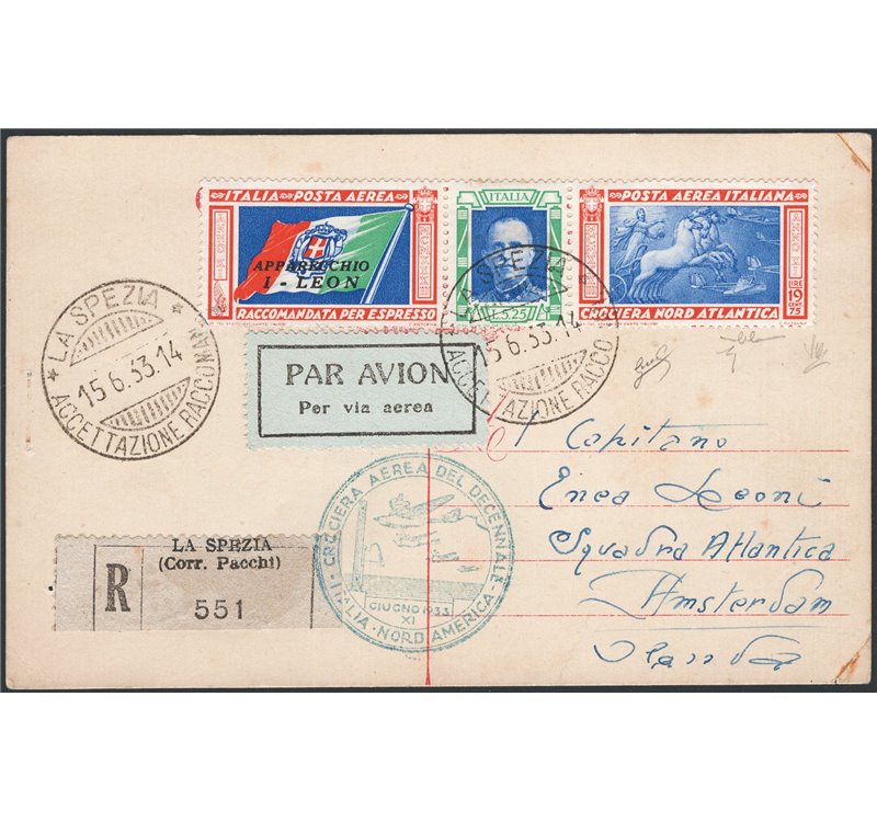 Voli - Italia Regno - 15/6/1933 - Aerogramma della Crociera Balbo da La Spezia per Amsterdam, affrancato con omologo francobollo