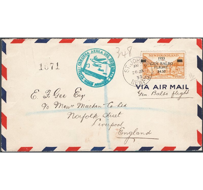 Voli - Terranova - 26/7/1933 - Aerogramma della Crociera Balbo da St. Jons (Terranova) per Liverpool affrancato con omologo fran
