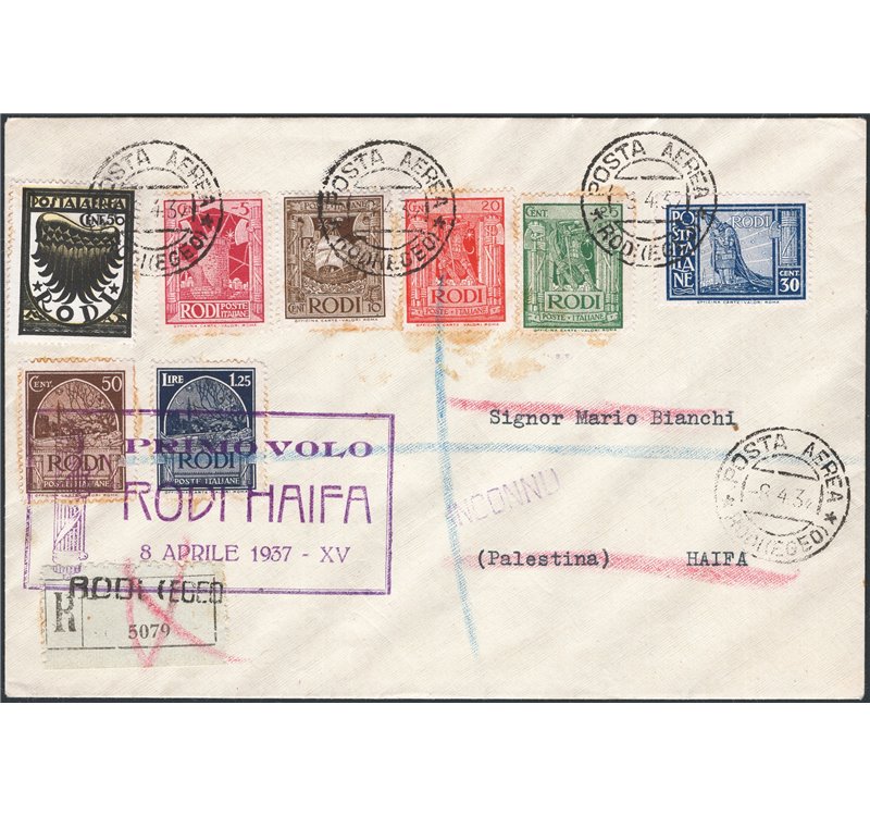 Voli - 7/4/1937 - 1° Volo Rodi - Haifa, n° 455a. Cat. € 175