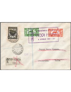 Voli - Colonie Italiane - Egeo - 8/4/1937 - 1° Volo Rodi - Haifa viaggiato per raccomandata. Al verso timbri di arrivo e transit