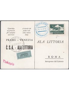 Voli - 15/5/1937 - 1° Volo Praga - Venezia effettuato da “Ala Littoria”, n° 462. Firm.: Chia. Cat. € 200