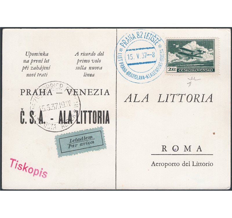 Voli - 15/5/1937 - 1° Volo Praga - Venezia effettuato da “Ala Littoria”, n° 462. Firm.: Chia. Cat. € 200