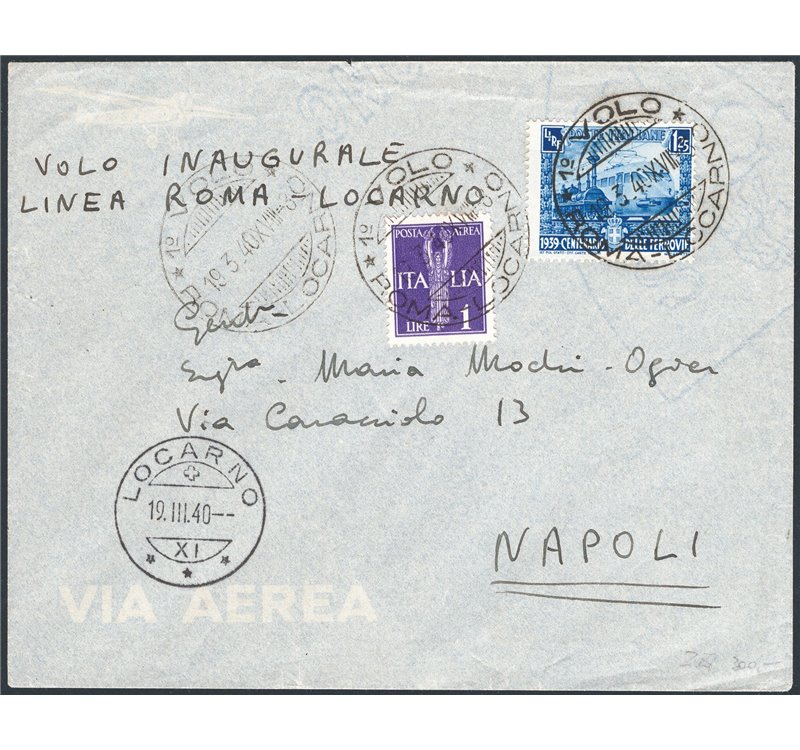 Voli  - Italia Regno - 19/3/1940 - 1° Volo inaugurale Roma - Locarno effettuato da “Swiss Air”, n° 525. Cat. € 125