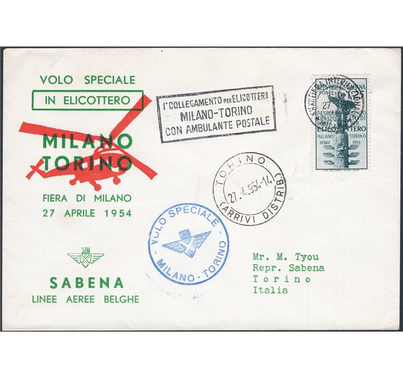 Voli - Elicottero - 27/4/1954 - 1° Volo Milano - Torino, n° 578. Cat. € 40 