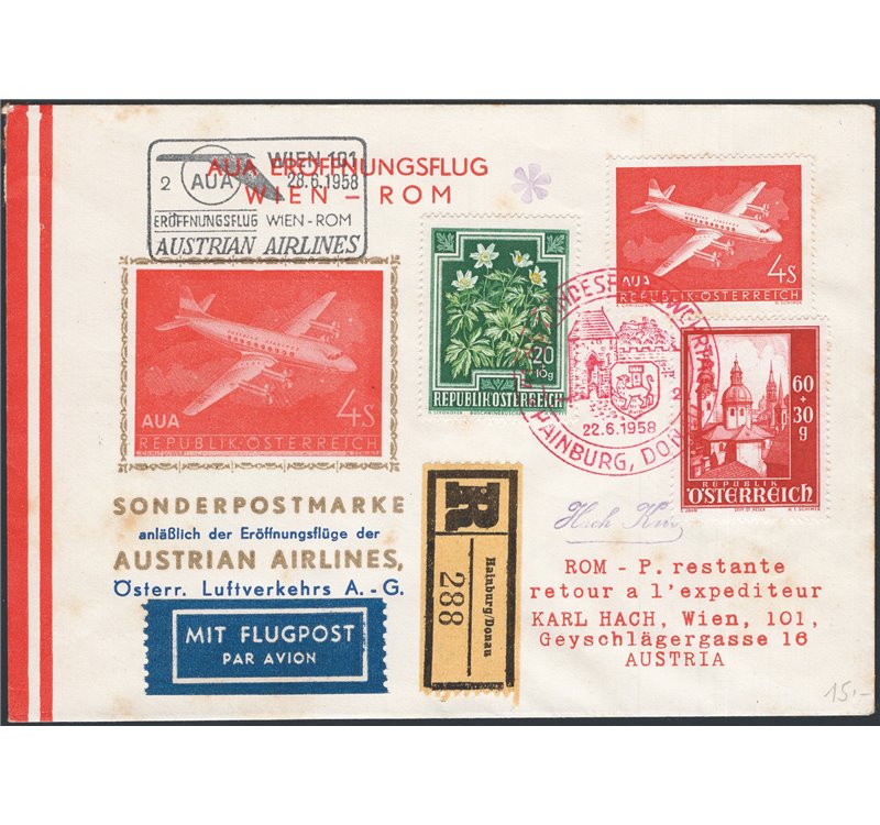 Pvoli - 28/6/1958 - 1° Volo A.U.A. Vienna - Roma, Pell n° 855. Cat. € 80