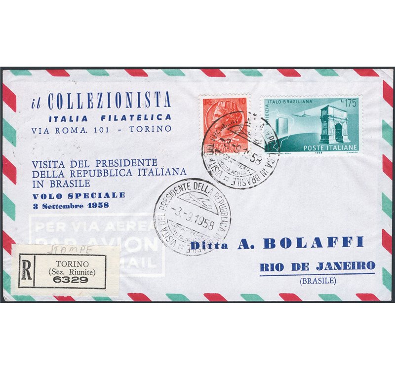 Voli Speciali - Italia Repubblica - 1958 - Volo speciale del presidente Gronchi in Brasile, P.A n° 837. Cat. € 80