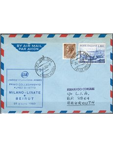 Voli - 26/6/1960 - 1° Volo Milano - Beirut, Lia (Libano), Pell n° 1192. Cat. € 40