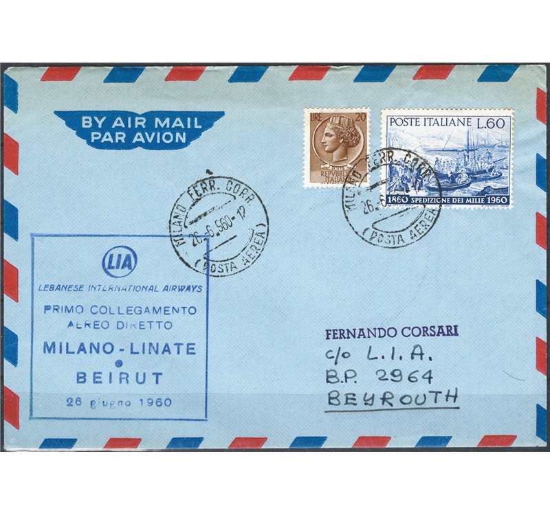 Voli - 26/6/1960 - 1° Volo Milano - Beirut, Lia (Libano), Pell n° 1192. Cat. € 40