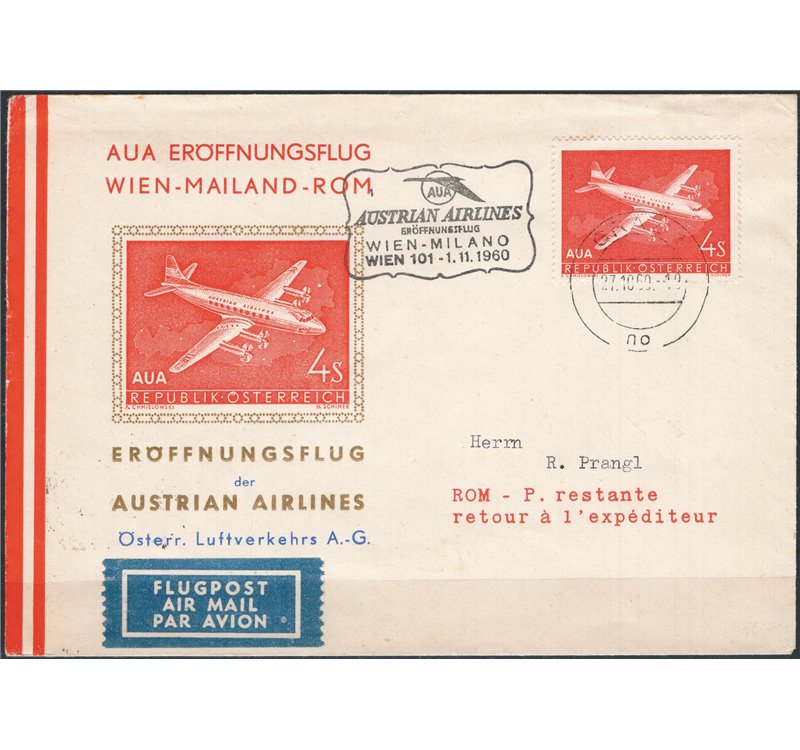 Voli - 1/11/1960 -1° Volo Vienna - Milano, Pell n° 1257. Cat. 35