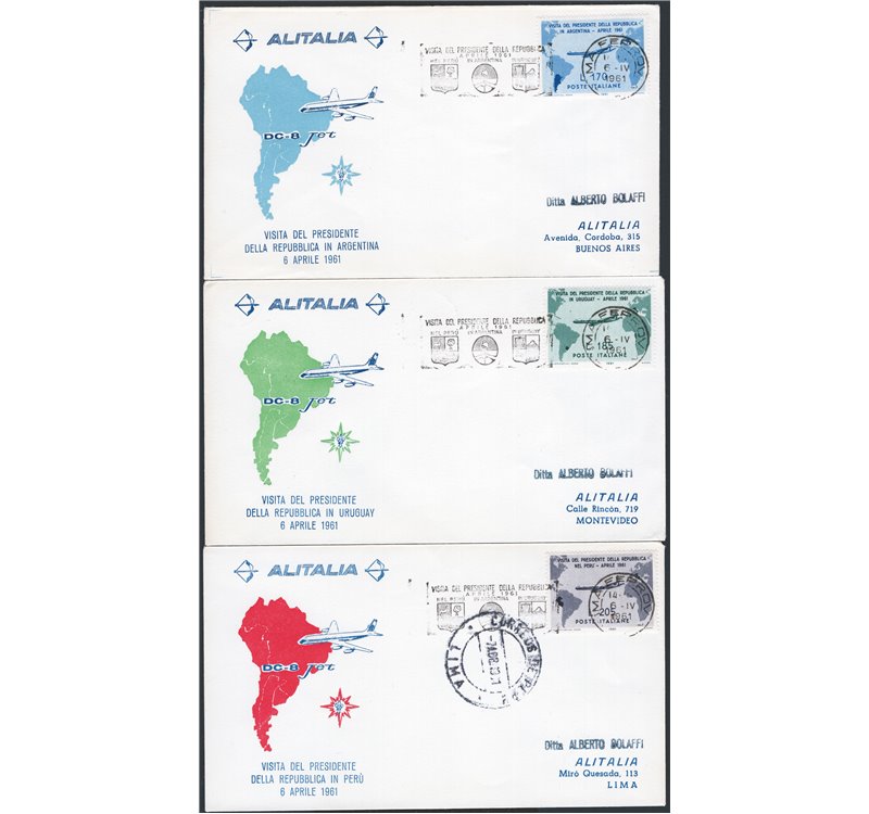 Voli - Italia Repubblica - 1961 - Visita del Presidente Gronchi in America latina, i tre aerogrammi regolarmente viaggiati sul v