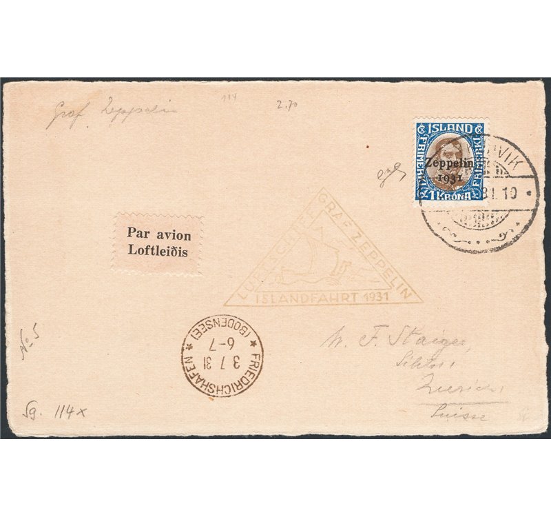 Voli Zeppelin - 1931 - Cartolina imbarcata sul volo di ritorno del Viaggio in Islanda affrancata con 1 kr. dell'omologa serie di