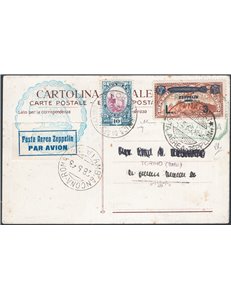 Voli Zeppelin - San Marino - 29/5/1933 - Volo di ritorno, lancio su Nettuno, cartolina affrancata con 3 £ Zeppelin annullata con