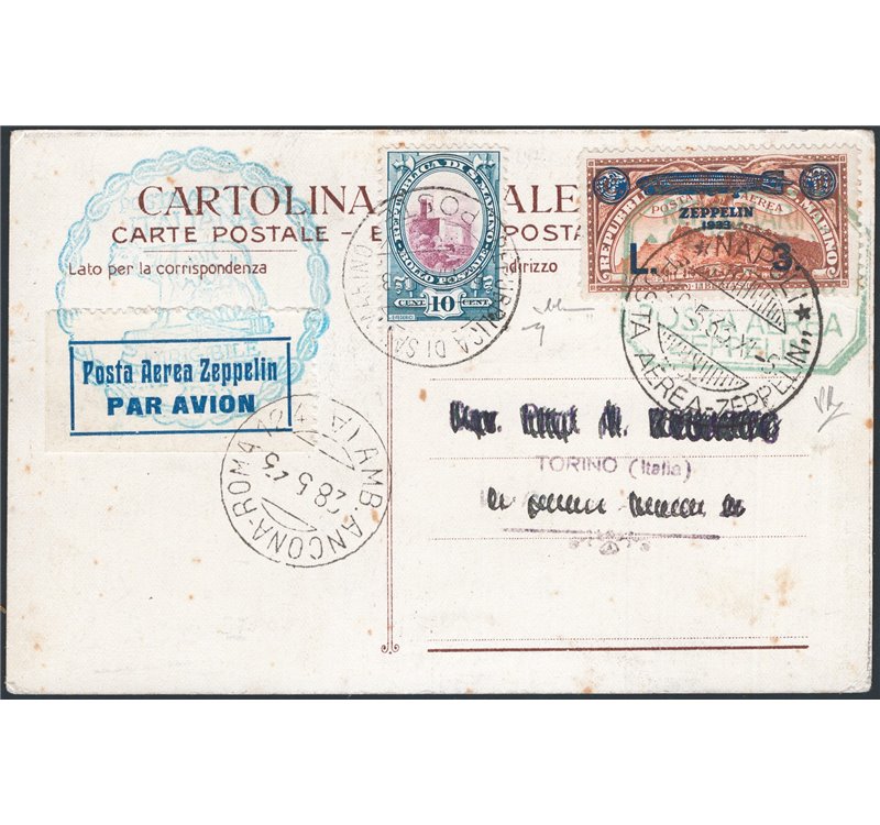 Voli Zeppelin - San Marino - 29/5/1933 - Volo di ritorno, lancio su Nettuno, cartolina affrancata con 3 £ Zeppelin annullata con