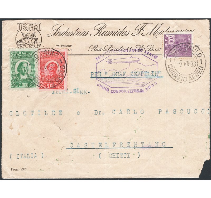 Voli Zeppelin - Brasile - 6/7/1933 - Crociera Sud America - Europa aerogramma da San Paolo per Chieti, Singer n° 220A 