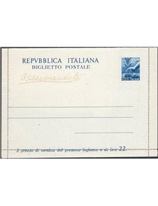 Interi Postali - Italia Repubblica - 2/7/1949 - Biglietto postale Democratica 20 £ blu, leggera scritta a penna “Raccomandata”, 