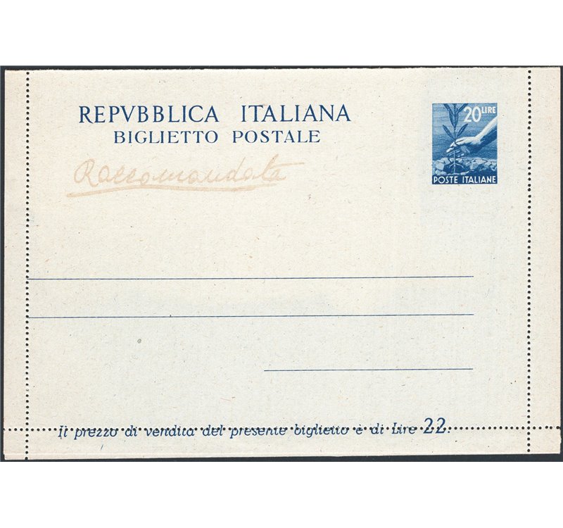 Interi Postali - Italia Repubblica - 2/7/1949 - Biglietto postale Democratica 20 £ blu, leggera scritta a penna “Raccomandata”, 
