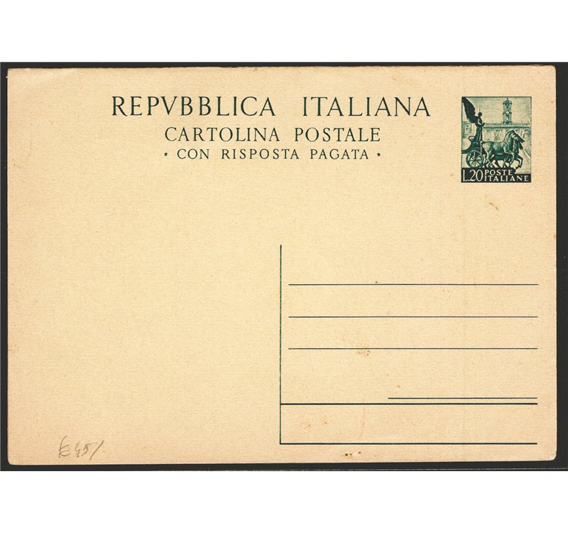 Interi Postali - Italia Repubblica - 1951 - Quadriga 20 £ + 20 verde n° C145, nuovo. Cat. € 130