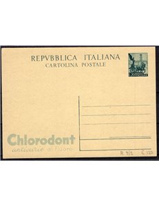 Interi Postali - Italia Repubblica - 1951 - Quadriga 20 £ verde con pubblicità "Chlorodont" n° R19/2, nuovo. Cat. € 120