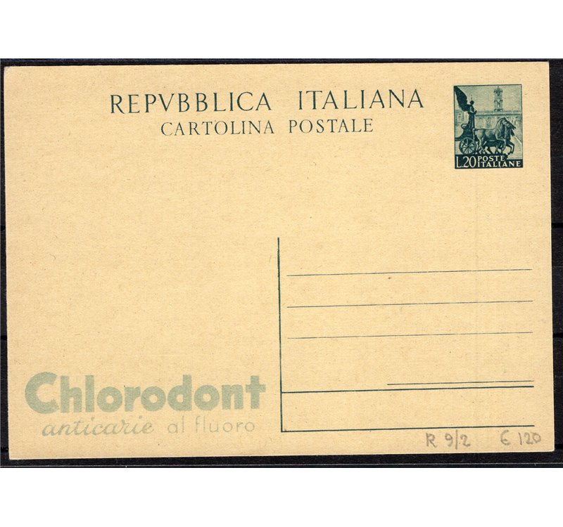 Interi Postali - Italia Repubblica - 1951 - Quadriga 20 £ verde con pubblicità "Chlorodont" n° R19/2, nuovo. Cat. € 120
