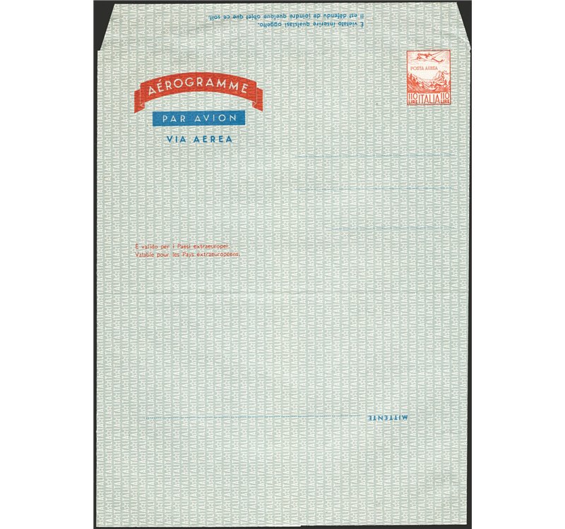Interi Postali - Italia Repubblica - 1976 - Aerogramma aereo e Alpi 110 £ arancio e blu senza perforazione del lembo interno, n°