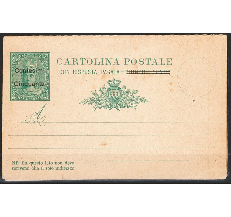 Interi Postali - San Marino - 1921 - Libertas 50 c. su 15 verde con risposta n° C9, nuovo. Cat. € 120