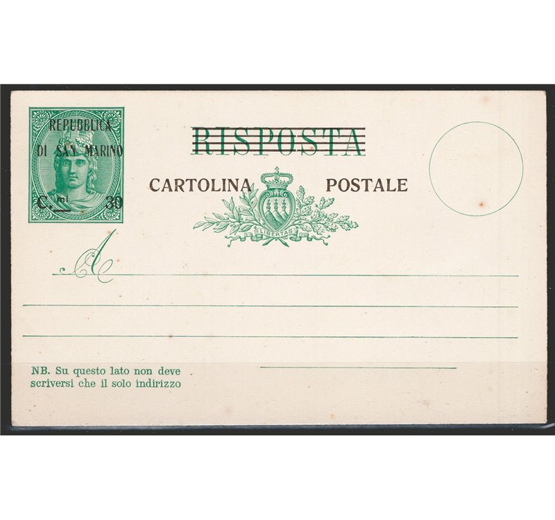 Interi Postali - San Marino - 1924 - Libertas Provvisorio con soprast "Repubblica di S. Marino C.mi 30" e righe apposta sulla ri
