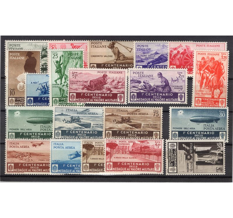 1934 - Medaglie al valore, serie n° 366/76 + P.A. 74/82. Cert.: IC. Cat. € 800 (**)