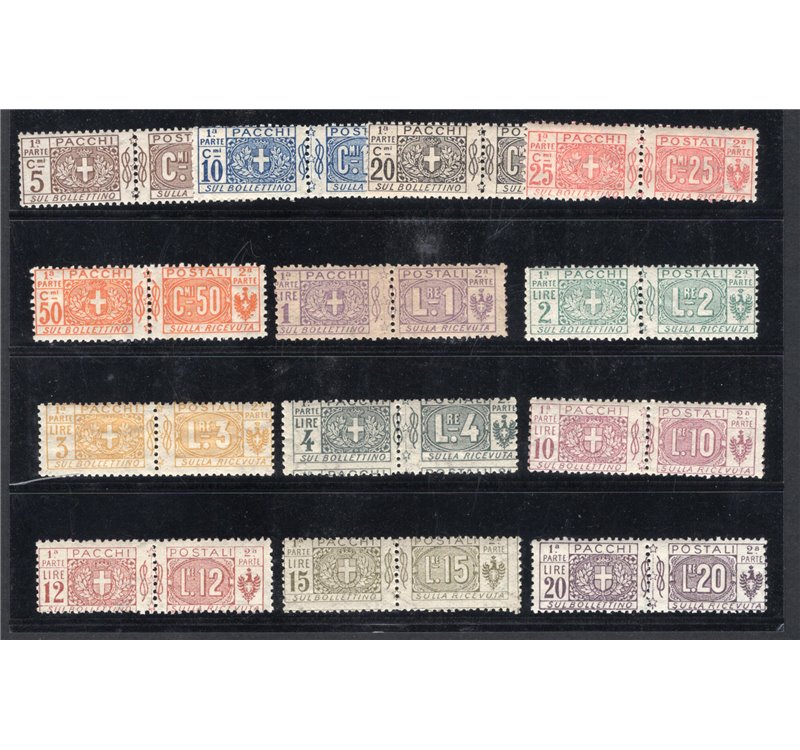 1914/22 - Pacchi postali, nodo di Savoia, serie n° 7/19. Cert.: IC. Cat. € 3.000 (**)