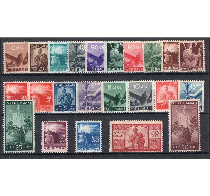 1945/48 - Democratica, serie n° 543/65. Cert.: IC. Cat. € 1.350 (**)