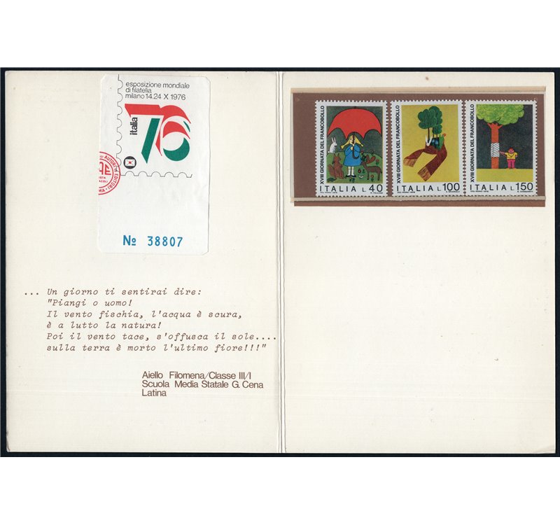 1976 - Folder ufficiale delle Poste Italiane emesso in occasione della XVIII Giornata del Francobollo, folder n° 1349/51
