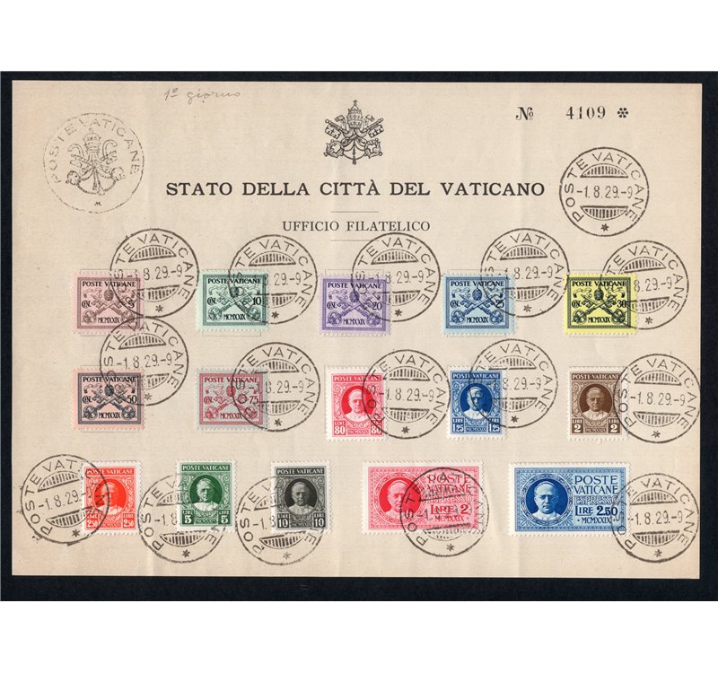 1929 - Conciliazione, serie n° 1/13 + Ex 1/2 su cartoncino. Cat. € 110+ (U/Fr)