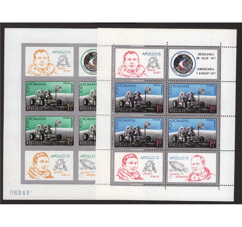 Romania - 1971 - BF Apollo 15 i due foglietti dent. e non dent., n° 89/89a. Cert.: Biondi. Cat. € 313 (**)
